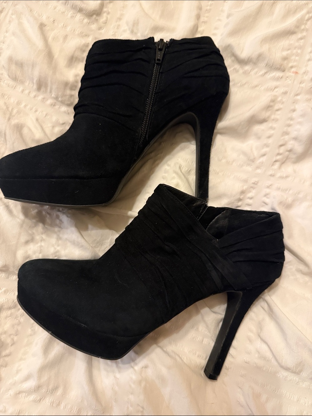 Gianni Bini Black Suede Ruched Platform Ankle Booties with Stiletto Heel
